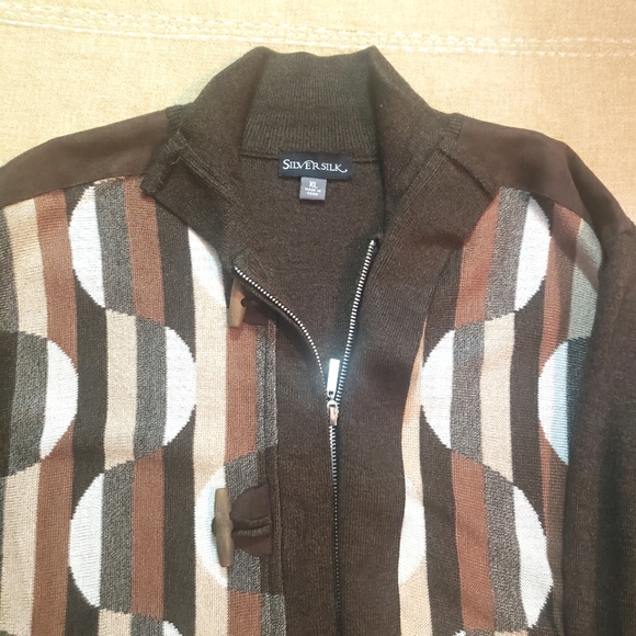 Mens Silversilk Dark Brown Multi Colored Zip Up Mock Neck Sweater Size XLarge - Picture 3 of 11